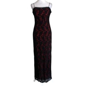Vintage Y2K 90s Black Lace Over Red Whimsigoth Formal Prom Homecoming Maxi Dress